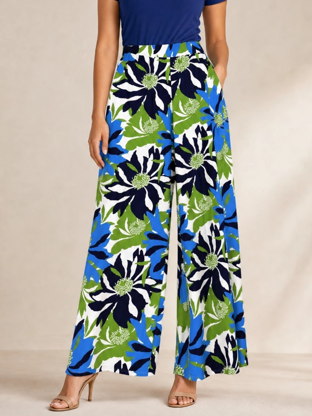 Jude Connally Floral Wide Leg Pull-On Pants Blue Green White NWOT M
